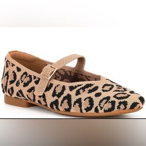 Vivaia Margot leopard print Mary Jane knit flat with adjustable buckle closure.